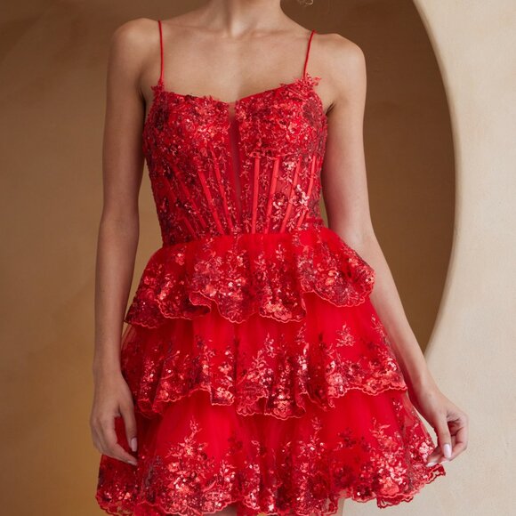 NEW SLEEVELESS SEQUINS EMBELLISHED RUFFLED COCKTAIL LACE UP DRESS AC BZ9031S